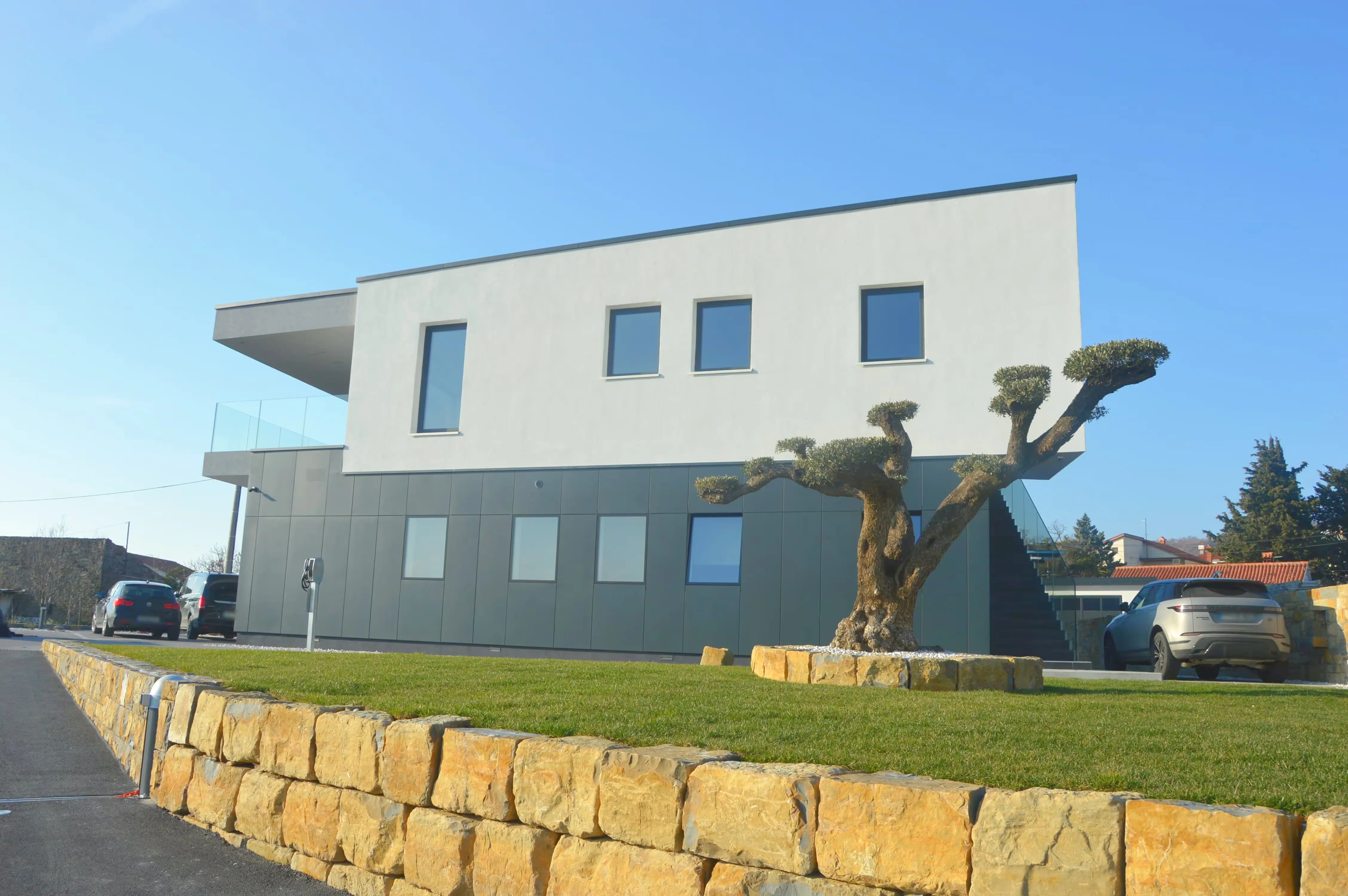 L'edificio della clinica Primadent a Scoffie di Sotto, con l'ulivo nel giardino davanti alla facciata.