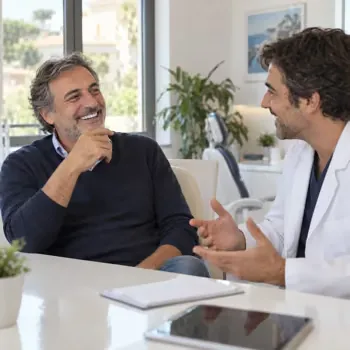 Un uomo di 58 anni ride conversando con il dentista alla scrivania di uno studio luminoso.