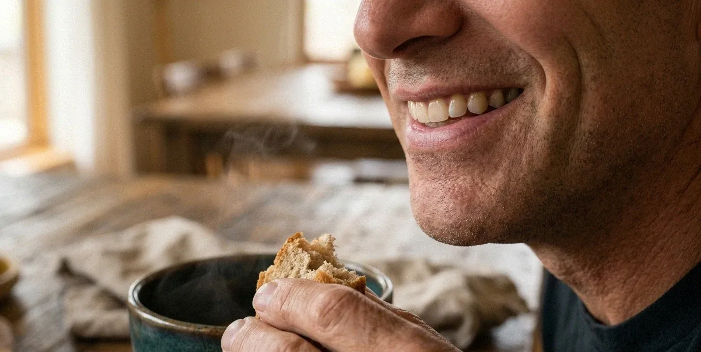 Dettaglio del sorriso con denti sani e naturali durante un pasto caldo a casa.