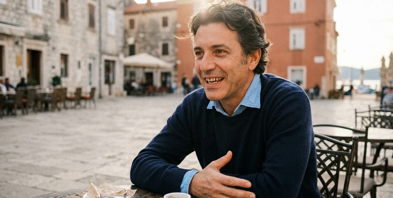 Uomo maturo parla e sorride con spontaneità e sicurezza all'aperto, grazie alla stabilità orale ritrovata.