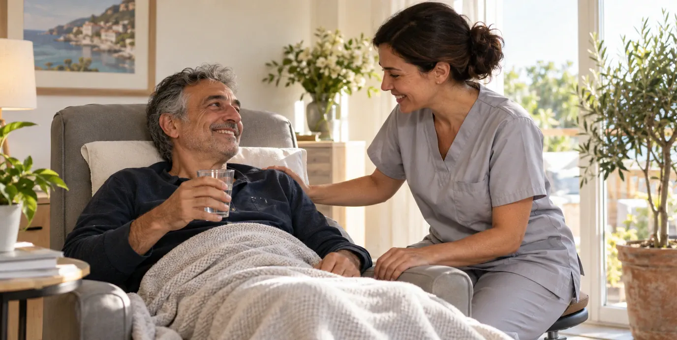 Un uomo di 60 anni riposa in poltrona sotto una coperta leggera e sorride all'infermiera che controlla come sta.