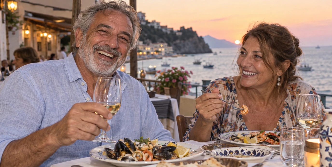 Un uomo di 66 anni ride di gusto a cena con la moglie su una terrazza sul mare al tramonto.