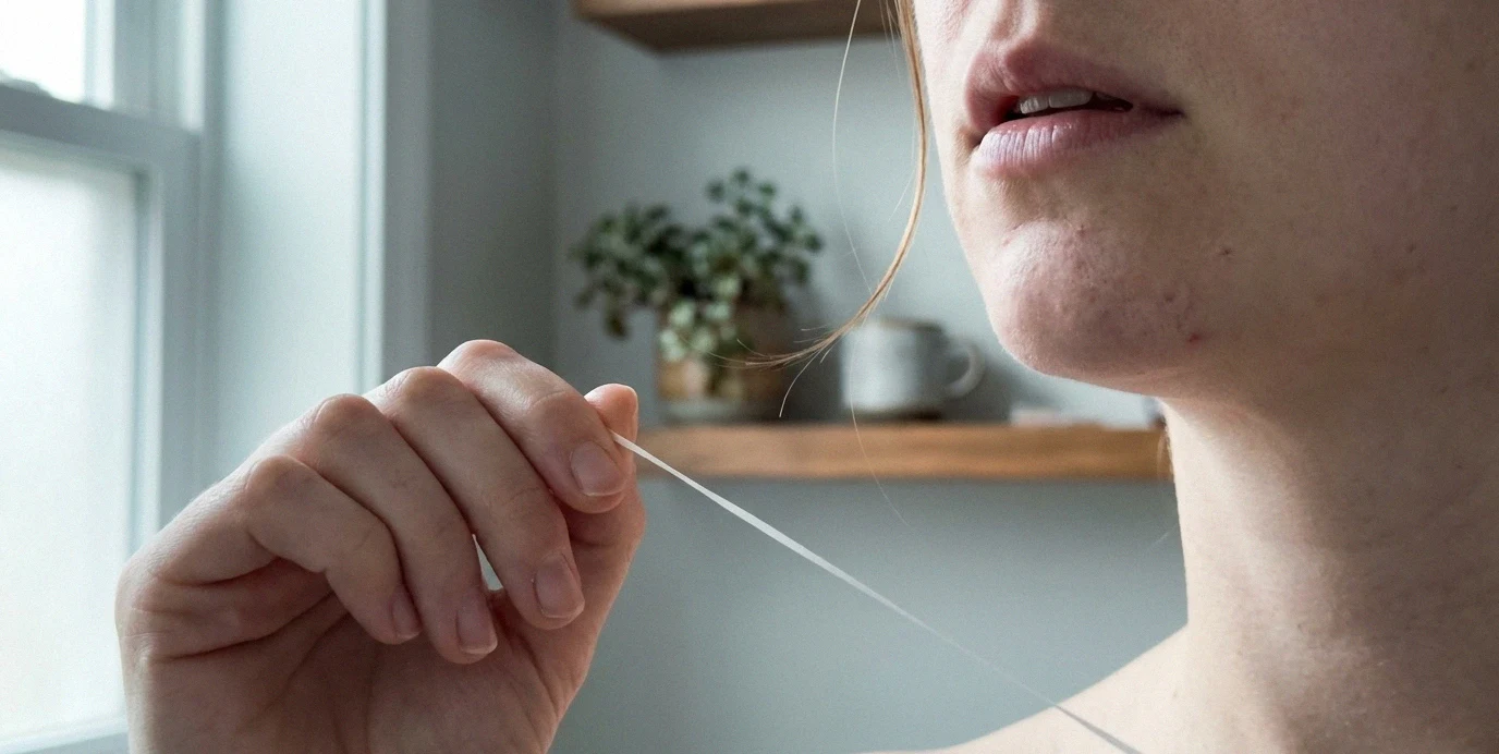 Primo piano di una donna che usa il filo interdentale per rimuovere il cibo tra i denti, prevenendo l'infiammazione gengivale.
