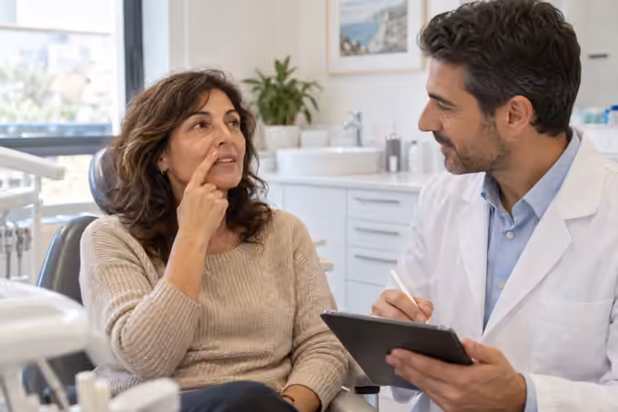 Una donna descrive un fastidio al dentista, che la ascolta e prende appunti sul tablet in uno studio luminoso.