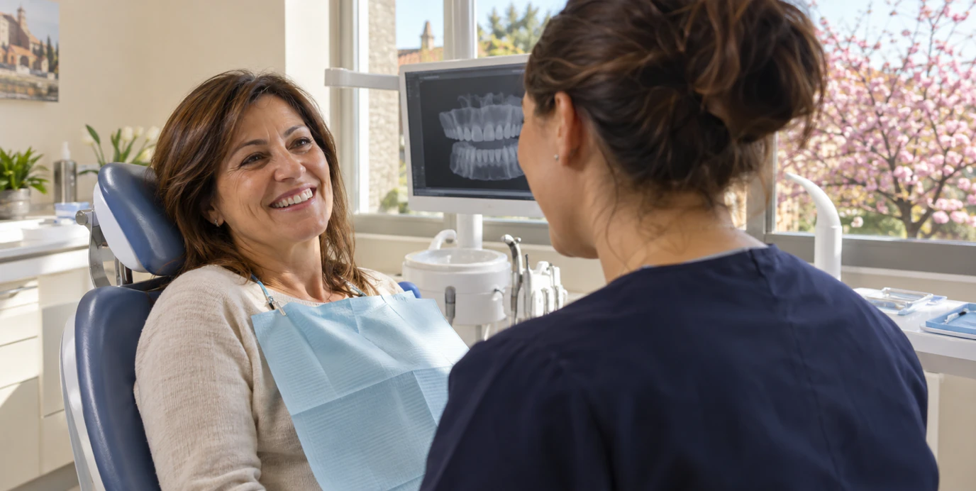Una donna di 50 anni chiacchiera sorridendo con l'igienista durante il controllo di primavera; fuori dalla finestra un albero in fiore.