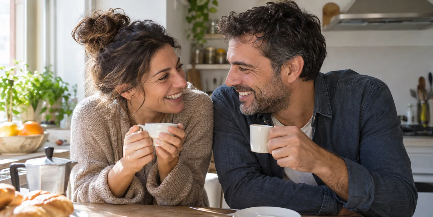 Una coppia sulla quarantina ride bevendo il caffè del mattino in una cucina luminosa.