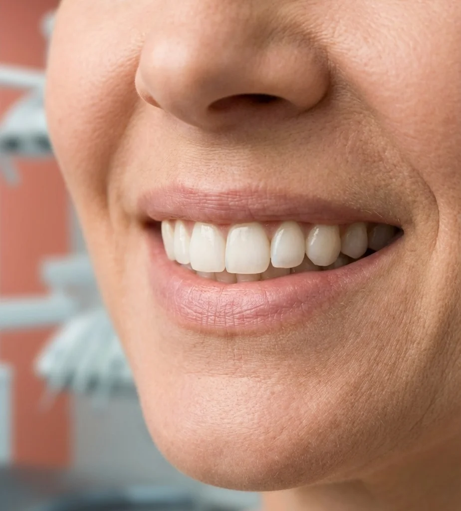 Primo piano di un sorriso naturale e sano con denti bianchi.