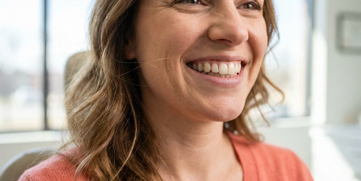 Una donna con un sorriso sano e naturale in un luminoso studio dentistico, simbolo di igiene e sbiancamento dentale.