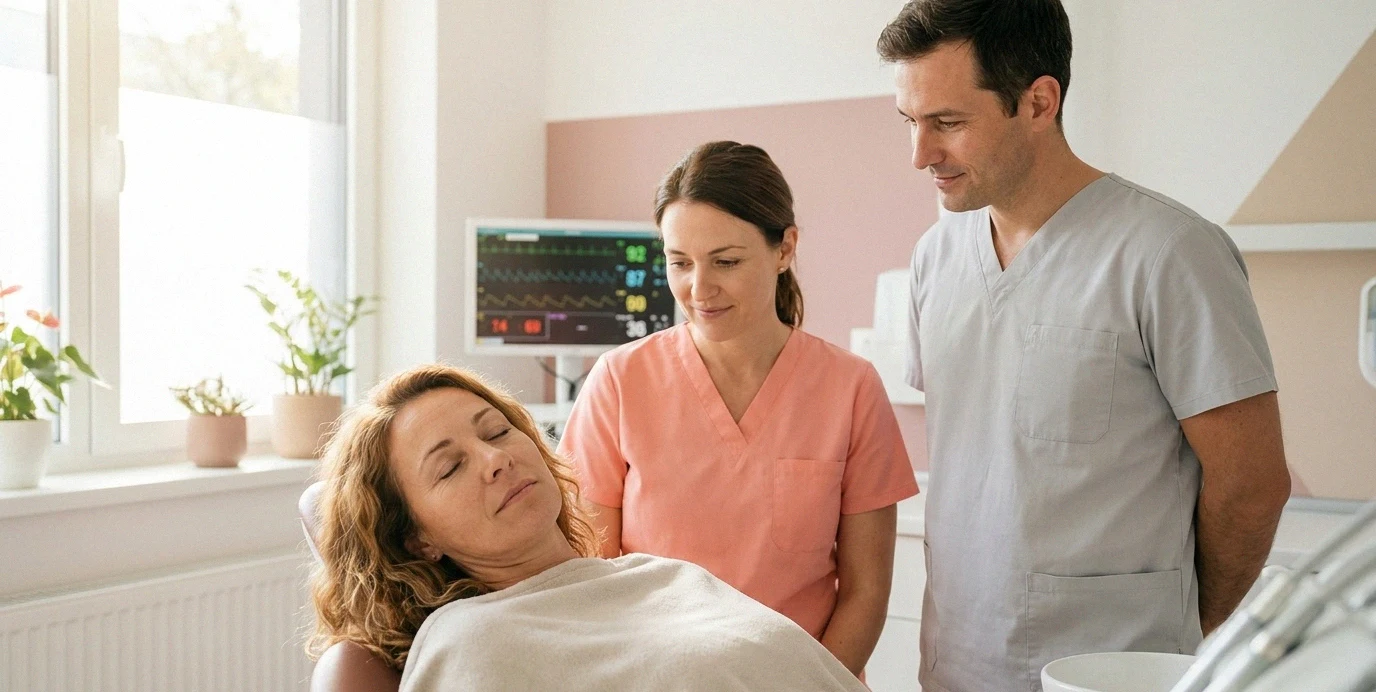 Una donna riposa a occhi chiusi sulla poltrona, accanto a un'infermiera e a un medico; sullo sfondo un monitor.