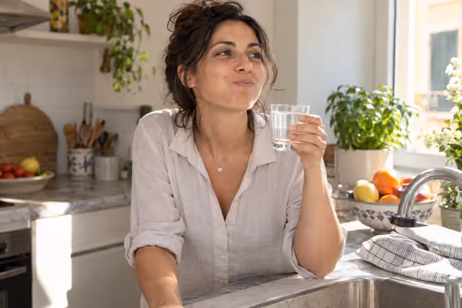 Al mattino una donna si sciacqua la bocca con un bicchiere d'acqua in una cucina luminosa.