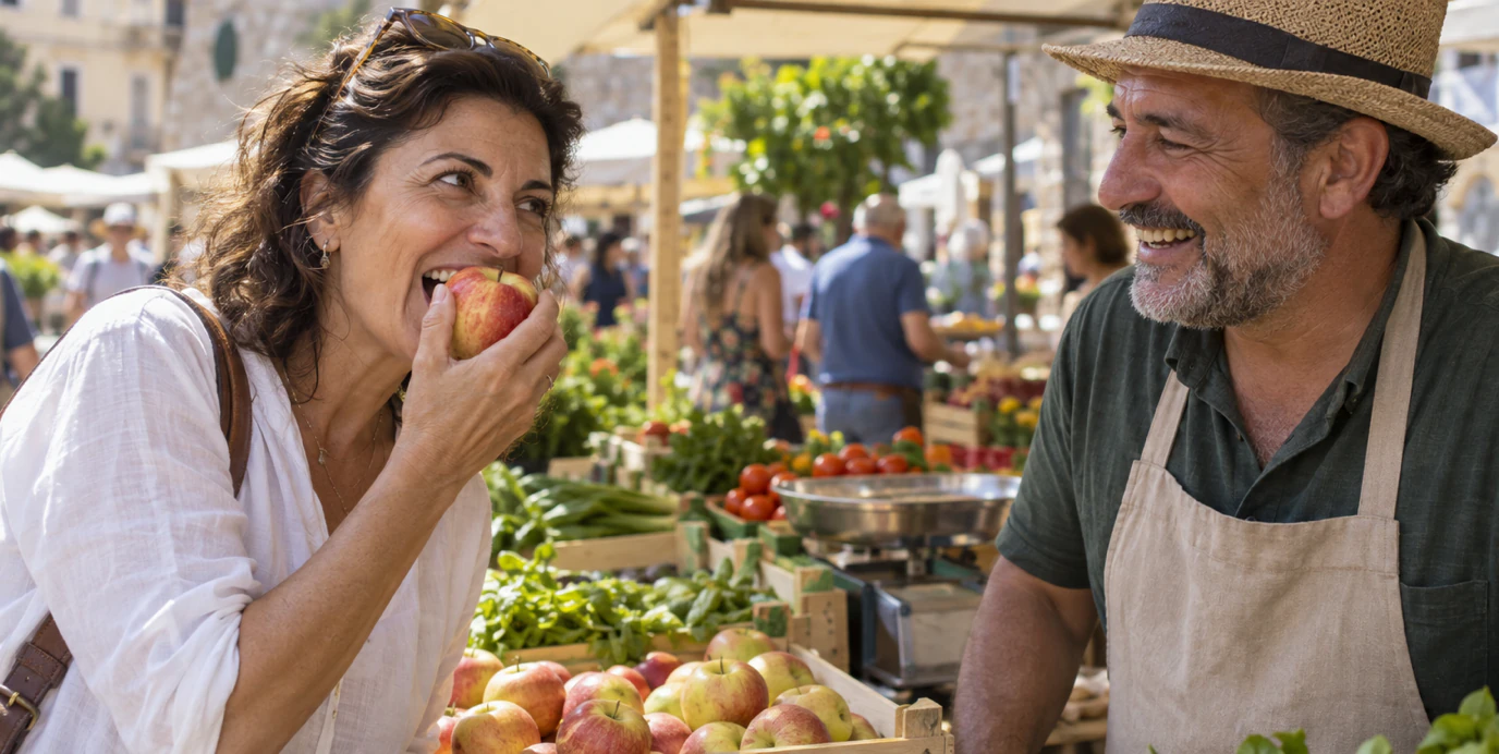 Una donna di 52 anni addenta una mela croccante a un mercato all'aperto, ridendo con il venditore.