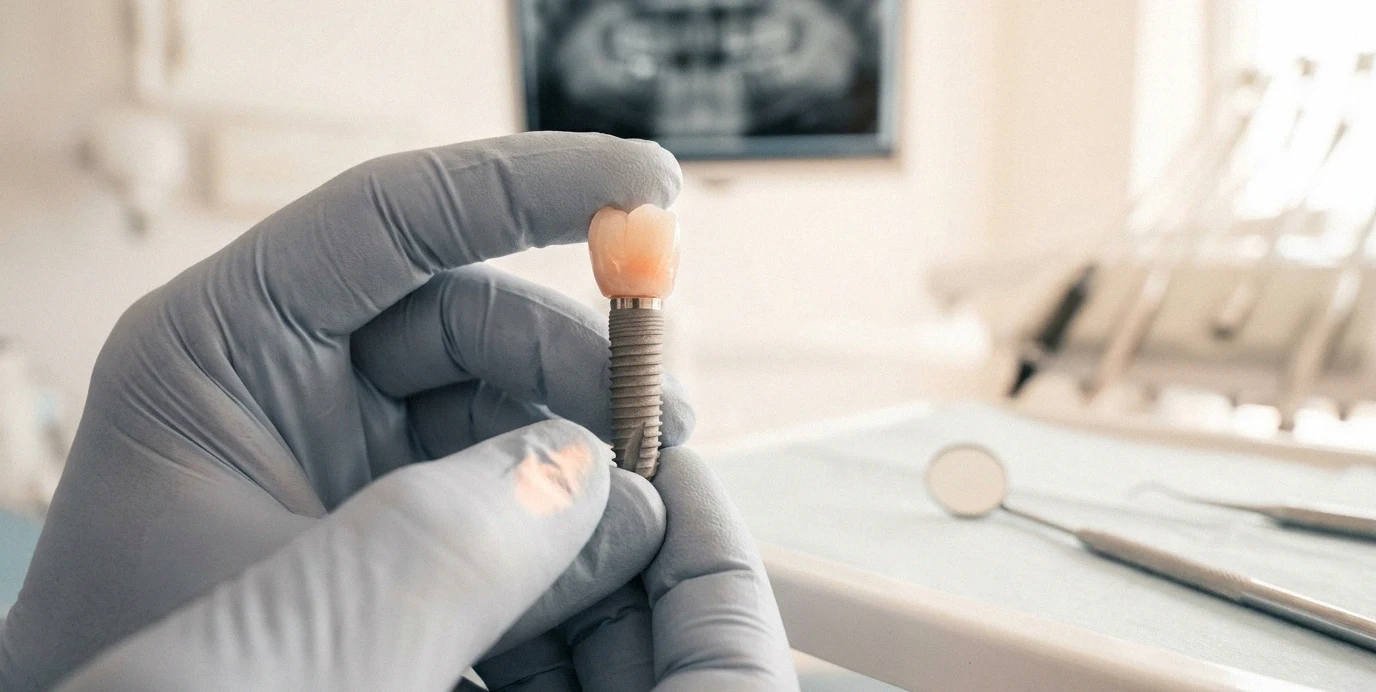 Dettaglio di un impianto dentale in titanio e zirconia tenuto da un dentista in una clinica moderna e luminosa.