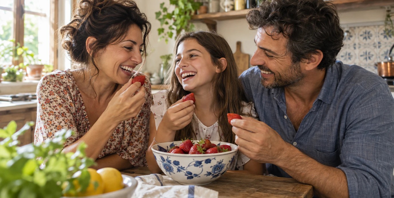 In una cucina luminosa madre, padre e figlia ridono condividendo una ciotola di fragole.