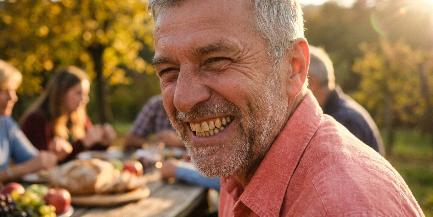 Uomo senior sorride felice durante un pranzo all'aperto, mostrando denti sani e forti grazie a impianti dentali stabili.