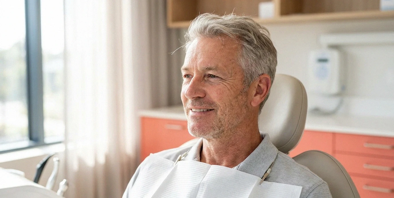 Un paziente sorridente e rilassato sulla poltrona odontoiatrica durante un controllo post-operatorio per impianti dentali.