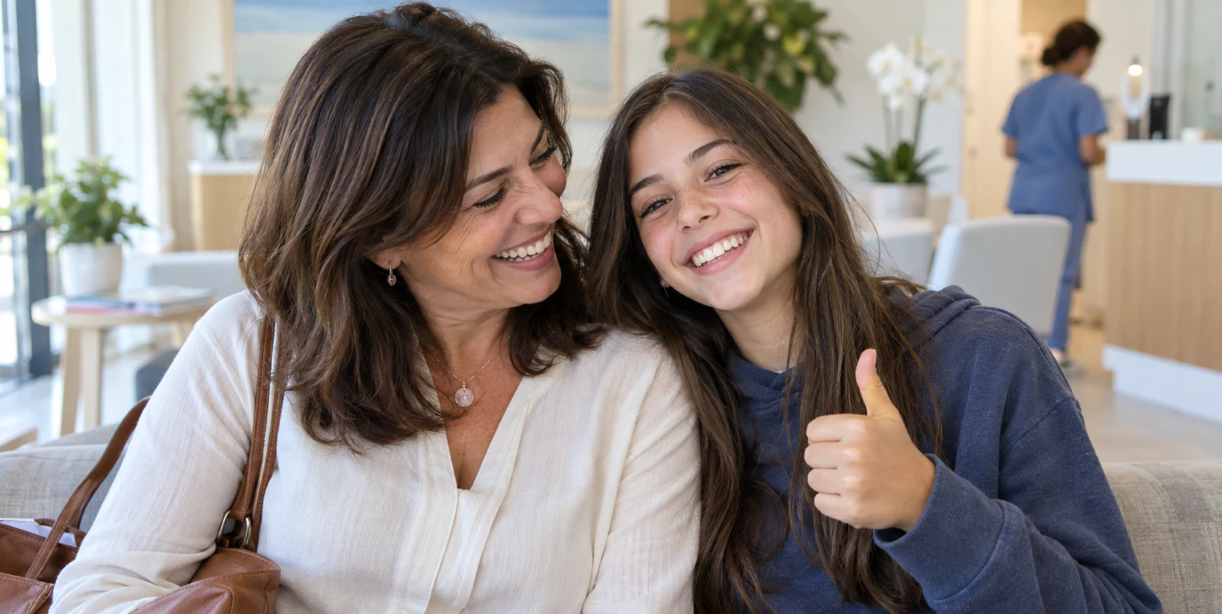 In una sala d'attesa luminosa una madre e la figlia sorridono; la ragazza alza il pollice.