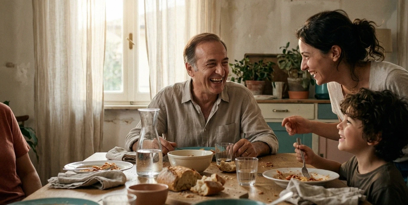 Un uomo maturo sorride sereno a tavola durante un pranzo in famiglia a casa, godendosi il pasto con denti stabili e naturali.