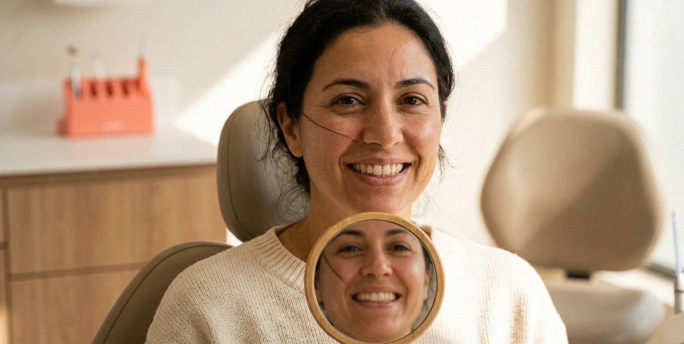 Una giovane donna sorride felice dopo un'otturazione estetica dal dentista, mostrando denti sani e naturali.