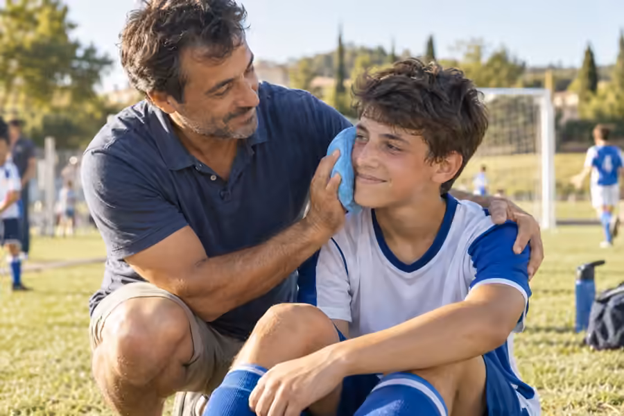 Su un campo da calcio un padre rassicura il figlio adolescente tenendogli un impacco freddo sulla guancia.