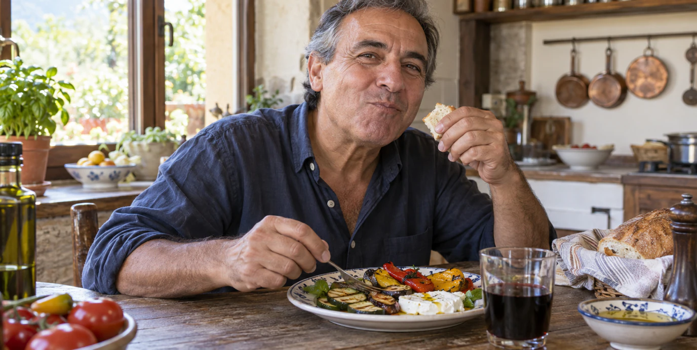 Un uomo di 60 anni gusta verdure grigliate, formaggio e pane al tavolo di una cucina rustica.