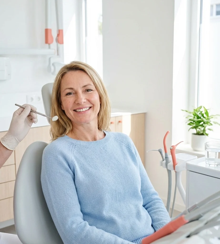Paziente sorridente durante un controllo dentale di prevenzione in una clinica moderna con accenti color corallo.