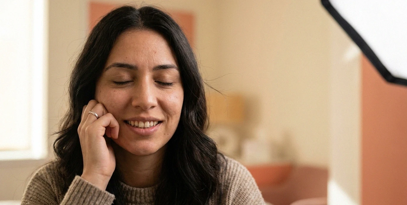 Una giovane donna trova sollievo dal mal di denti, appoggiando delicatamente la mano sulla guancia con un'espressione calma e rilassata.