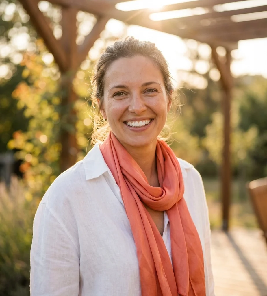 Donna sorridente all'aperto sotto il sole estivo, che mostra un sorriso radioso e naturale ottenuto con trattamenti di estetica dentale.