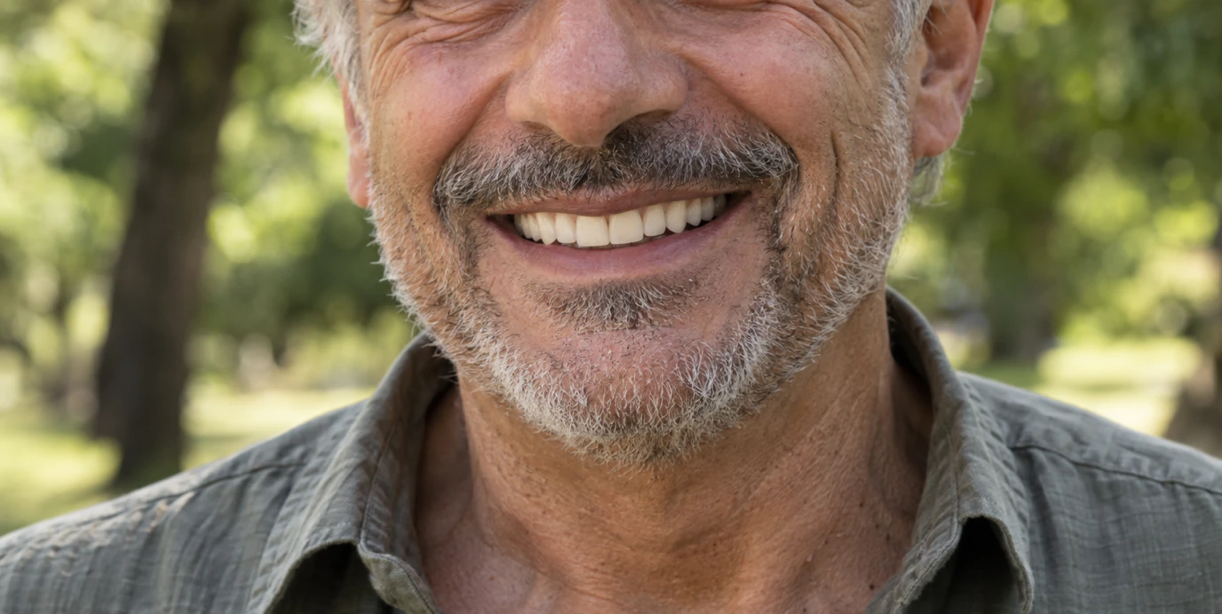 Primo piano del sorriso sereno di un uomo di 60 anni con la barba brizzolata, all'aperto in un parco.