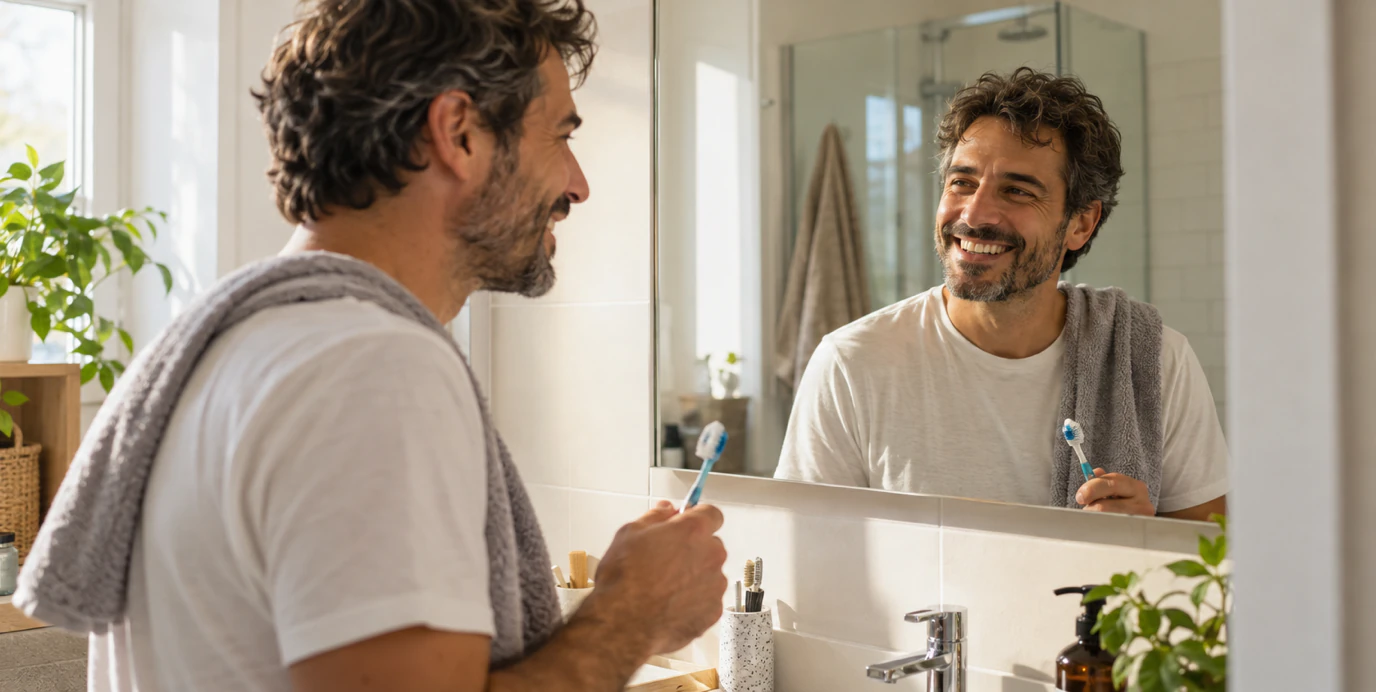 Al mattino un uomo con lo spazzolino in mano sorride al suo riflesso nello specchio del bagno.