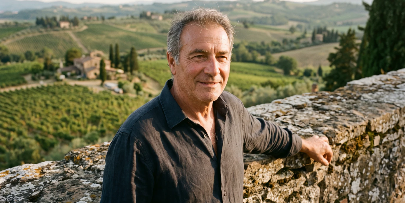 Un uomo di 63 anni sorride sereno appoggiato a un muretto di pietra sopra i vigneti, nella luce calda del pomeriggio.